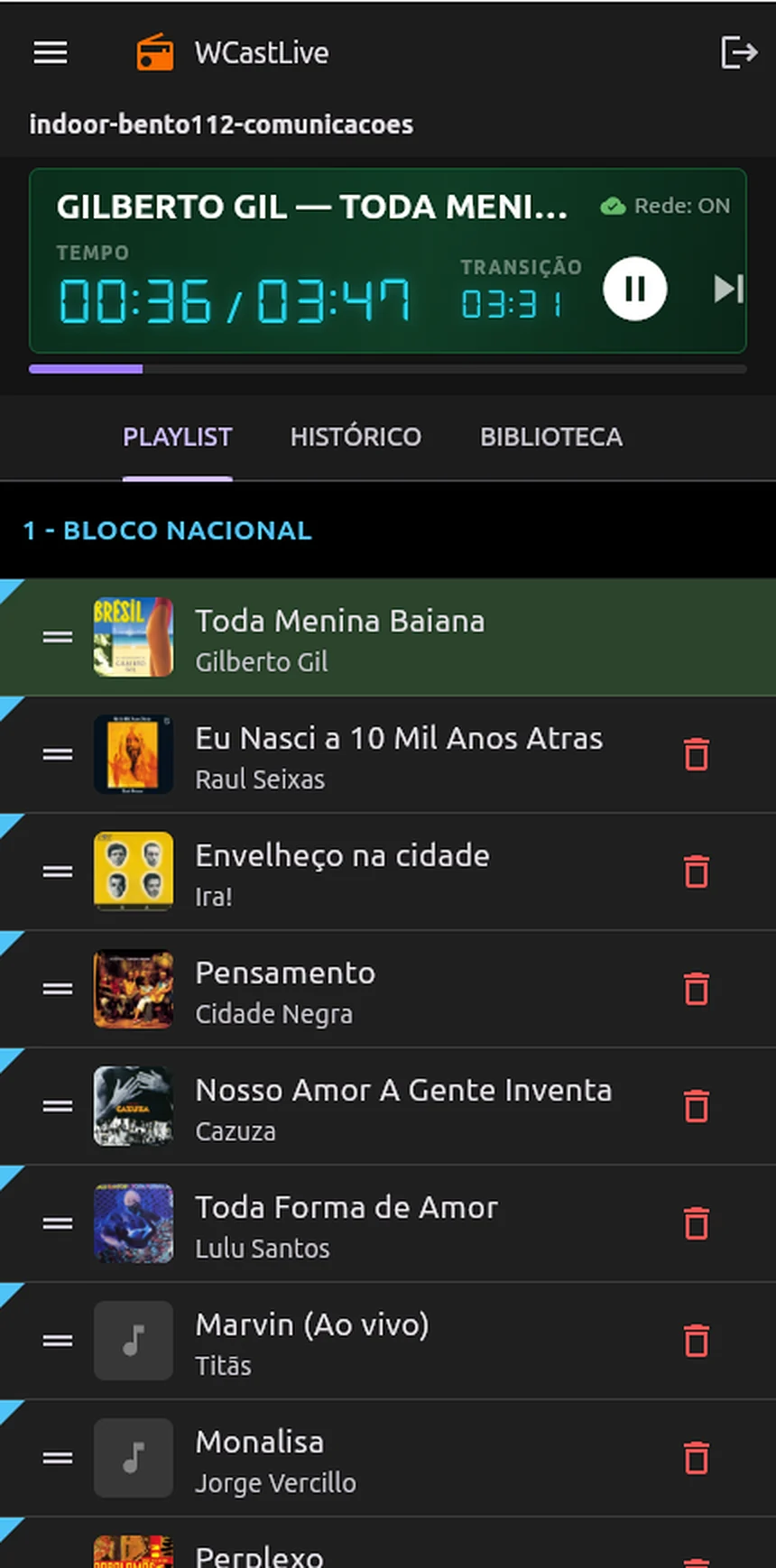 Tela do app WCastLive Indoor tocando a playlist Bloco Nacional