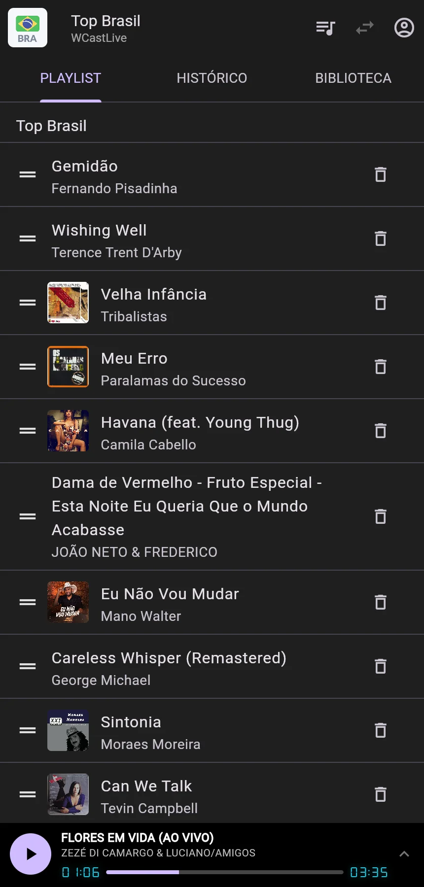 Tela do app WCastLive Online com a playlist Top Brasil e o player